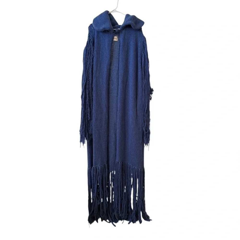KHAITE Fringe Olwen Longline Knit Sleeveless Sweater Cardigan Blue O/S